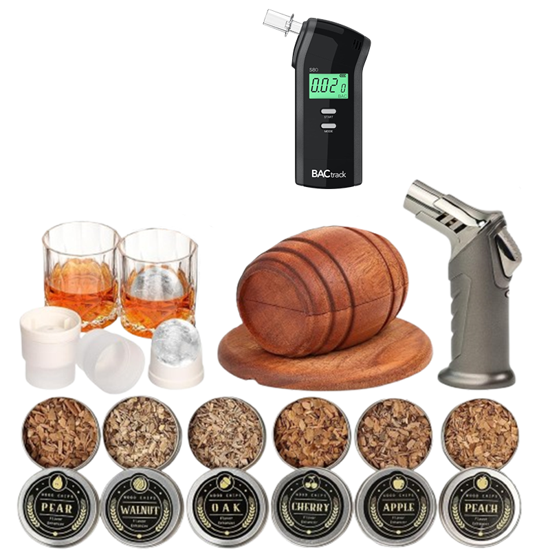 Kit para ahumar whisky con soplete: Astillas de madera*6/Vasos*2/Moldes para bolas de hielo*2/Alcoholímetro profesional*1